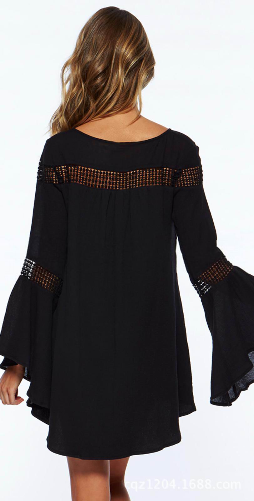 F4386-1Black Long Bell Sleeves Hollow-out Beach Tunic